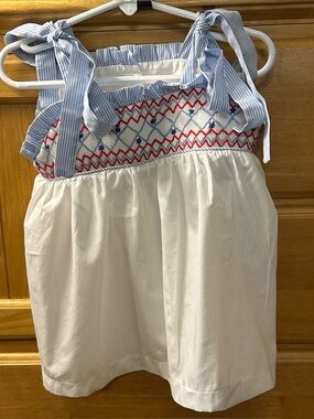 Stitchy Fish Girl's White Shoulder Tie Shirt with Red and Blue Smocking Size 4T